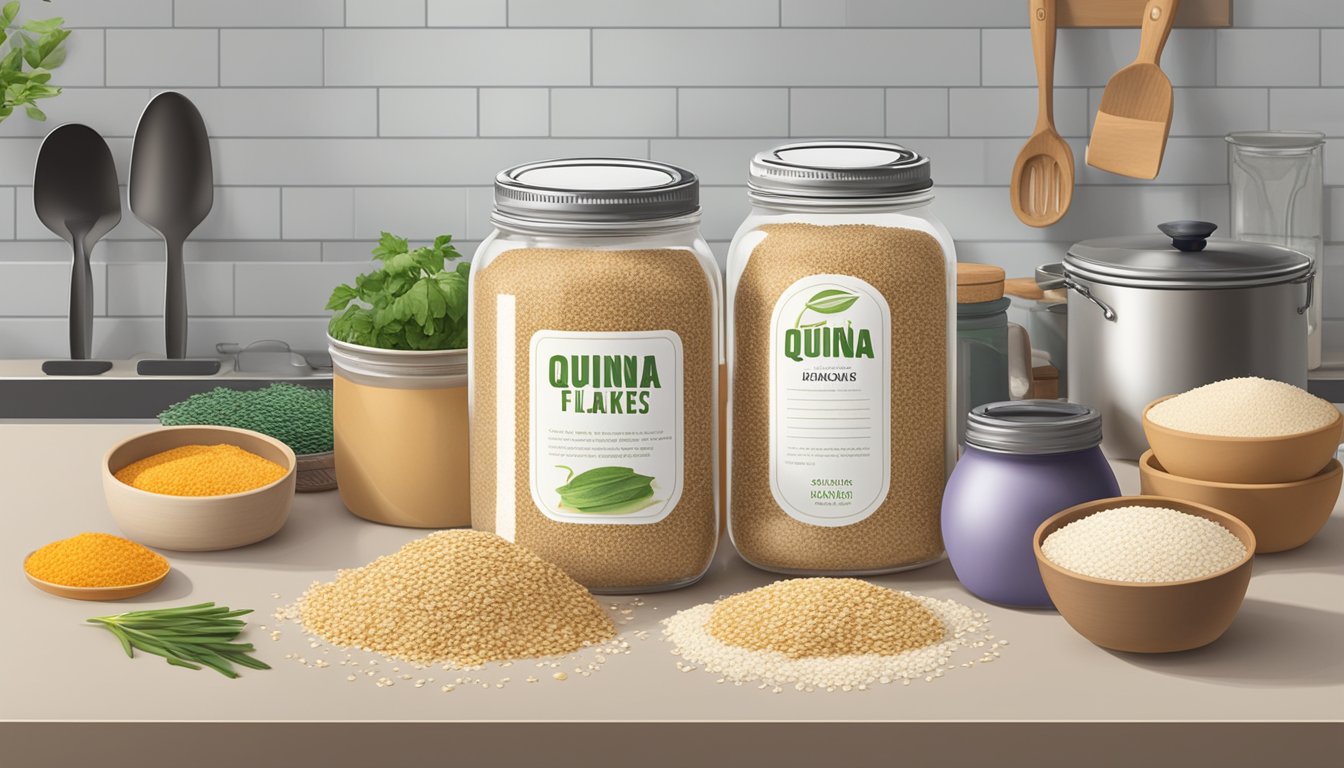 A jar of quinoa flakes sits on a kitchen counter, surrounded by various cooking utensils and ingredients. The label on the jar indicates the expiration date