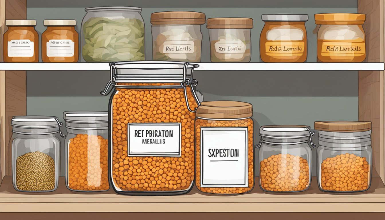 A jar of red lentils sits on a kitchen shelf, surrounded by other dry goods. The label on the jar indicates the expiration date