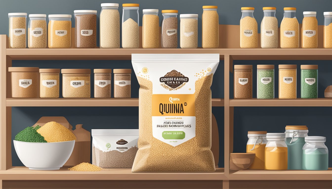 A sealed package of quinoa flakes sitting on a pantry shelf, surrounded by other dry goods