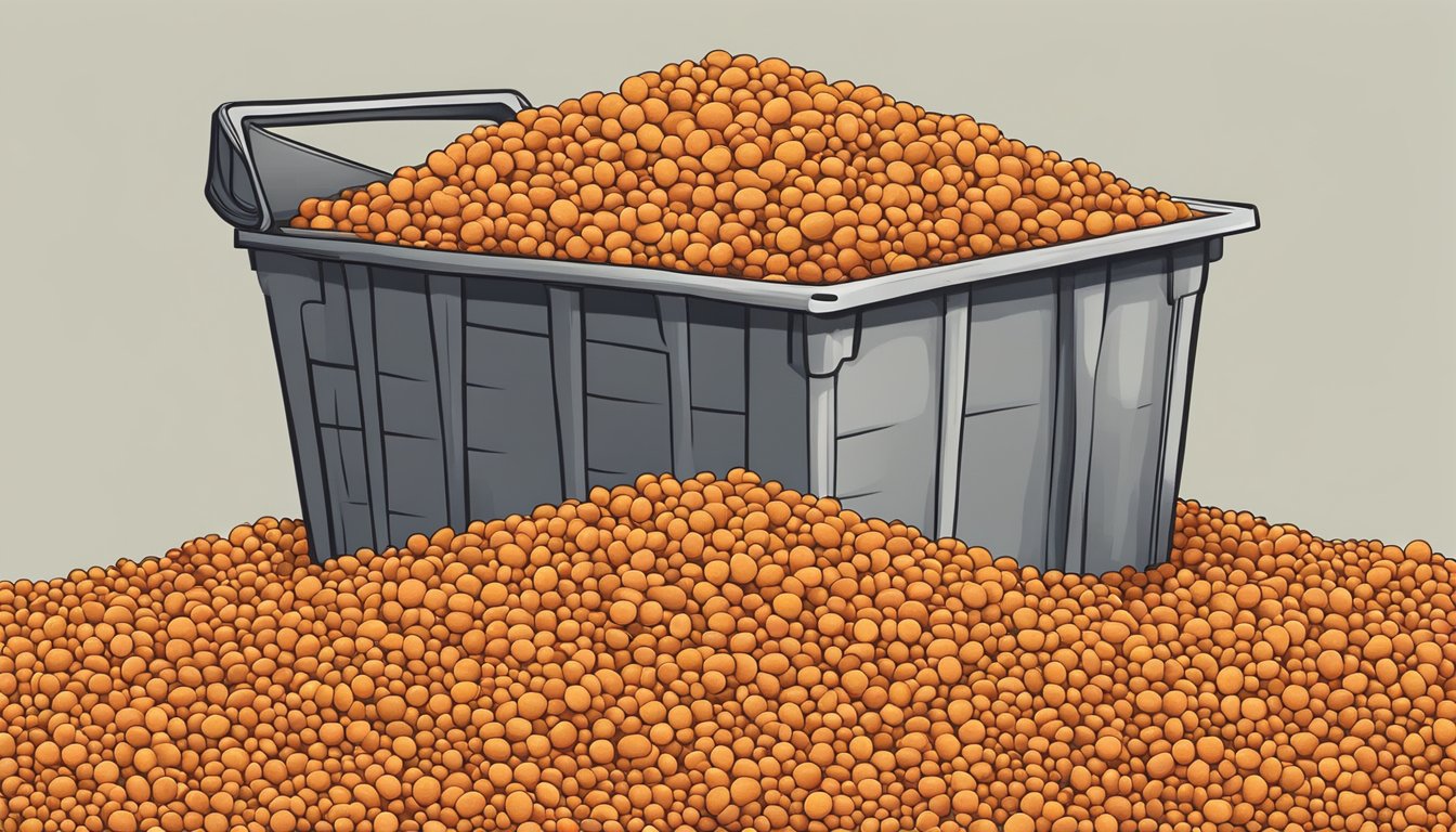 A pile of red lentils sits in an open container, some beginning to show signs of mold and discoloration