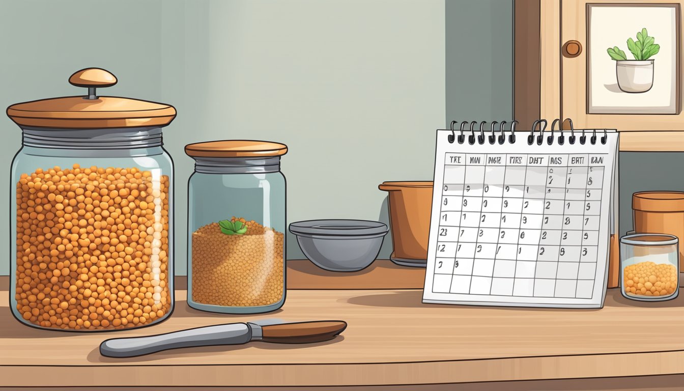 A jar of red lentils sits on a shelf, next to a calendar with a date circled. A pot and a timer are on the counter, ready for cooking