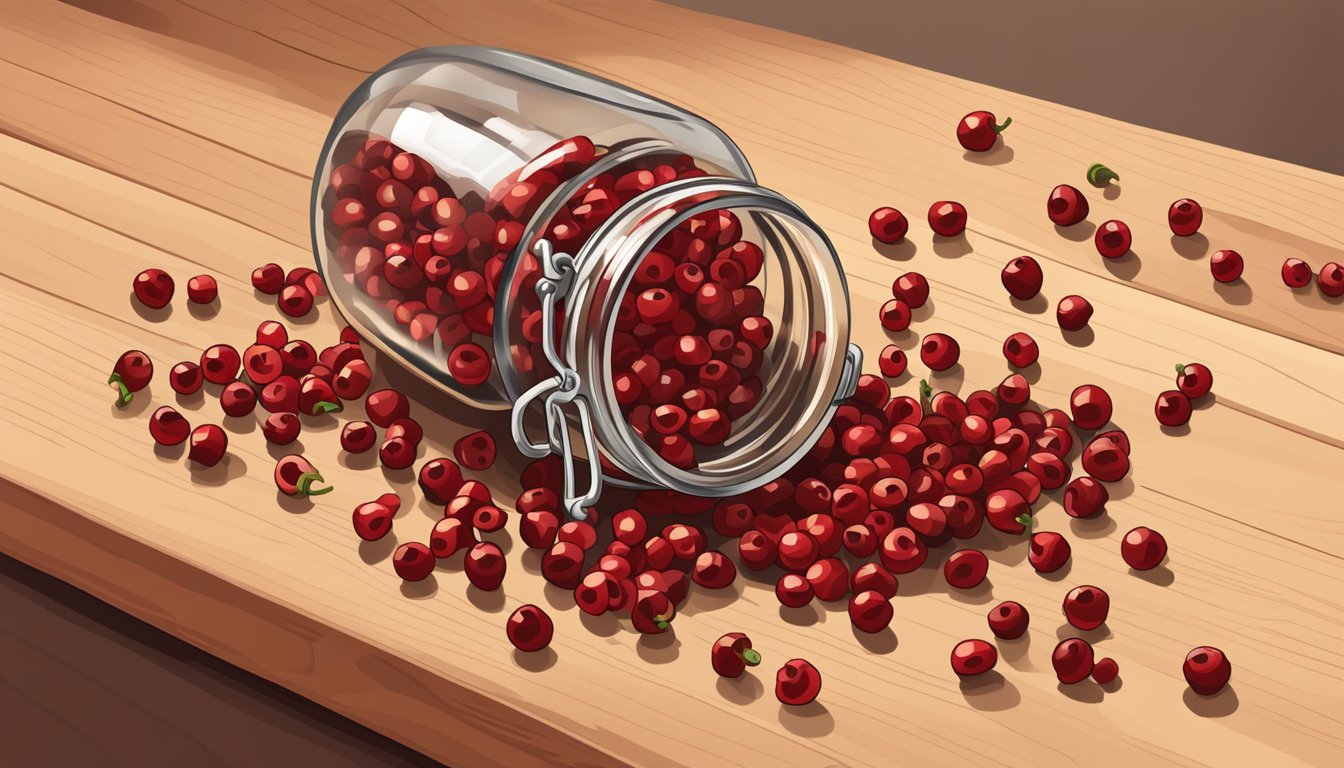 A small pile of red peppercorns spilling out of a glass jar onto a wooden cutting board. A few whole peppercorns are scattered around