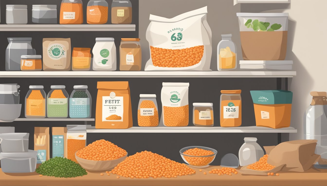 A bag of red lentils sits on a shelf, surrounded by other pantry items. A calendar on the wall shows the current date