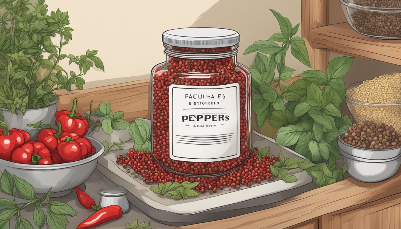 A small jar of red peppercorns sits on a kitchen shelf, surrounded by other spices and herbs. The label on the jar indicates the expiration date