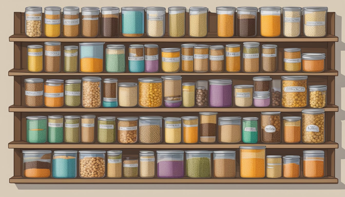 A pantry shelf with neatly arranged canned lentils, some with expiration dates visible