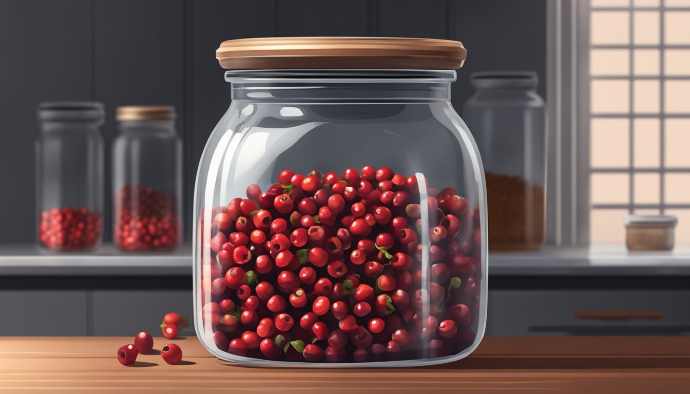 A glass jar filled with red peppercorns, sealed tightly with a lid, sitting on a shelf in a cool, dark pantry