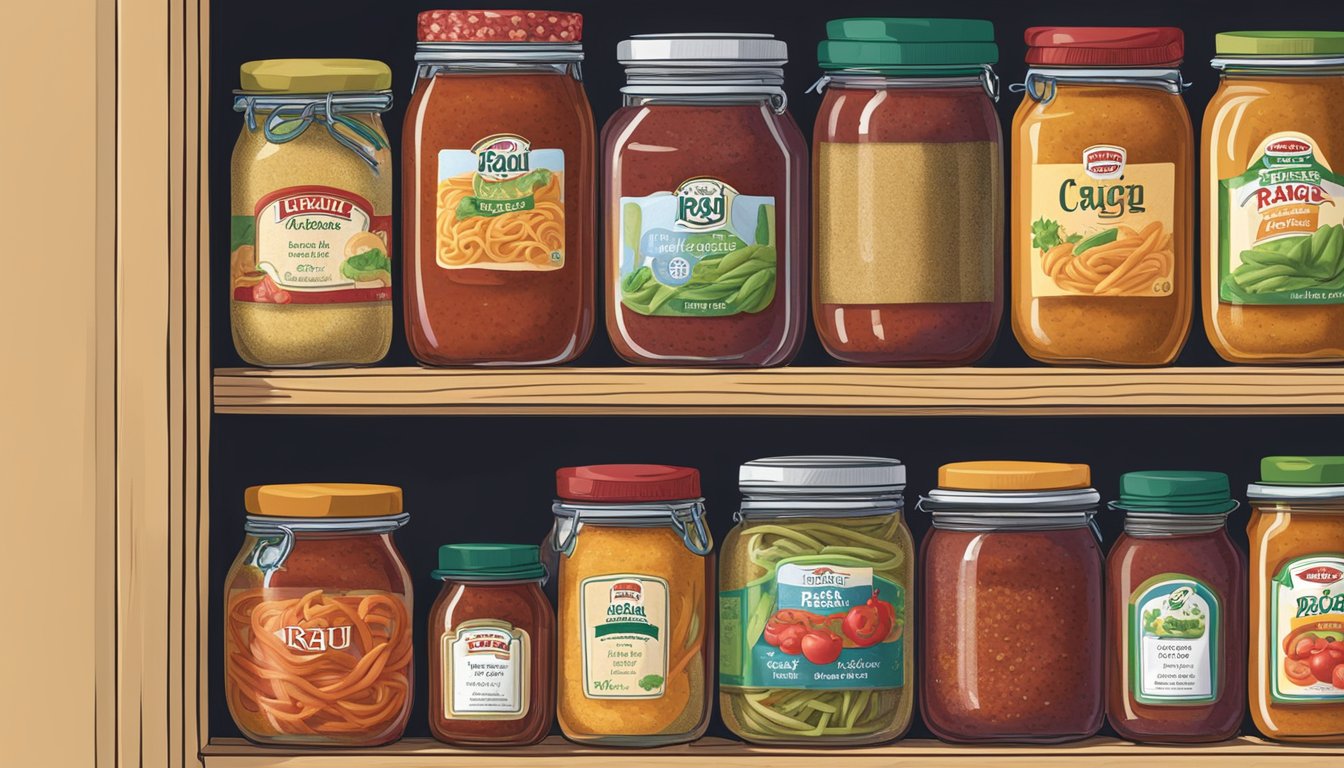 A jar of Ragu Pasta Sauce sits on a kitchen shelf, surrounded by other pantry items. The label indicates the expiration date, and the jar appears unopened