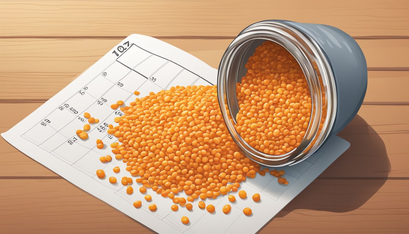 A jar of red lentils sits on a kitchen counter, next to a calendar showing the current date. Some lentils are spilling out onto the counter