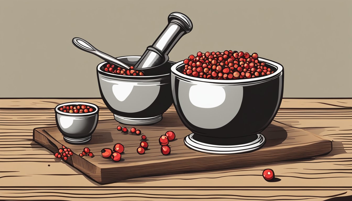 A small bowl of red peppercorns sits on a wooden cutting board next to a mortar and pestle. A few peppercorns have spilled onto the surface