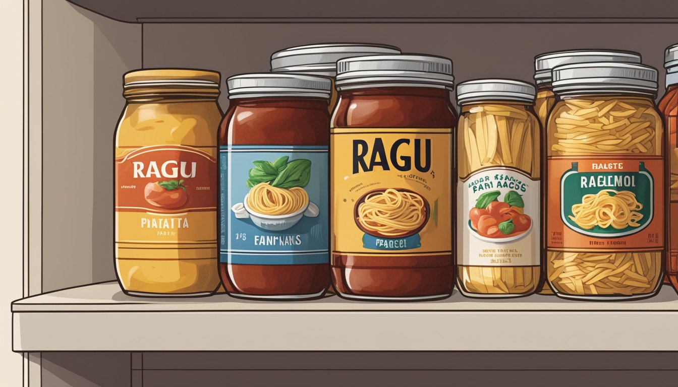 A jar of Ragu Pasta Sauce sits on a shelf next to canned goods and dry pasta in a pantry. The label is facing outward, and the jar is tightly sealed