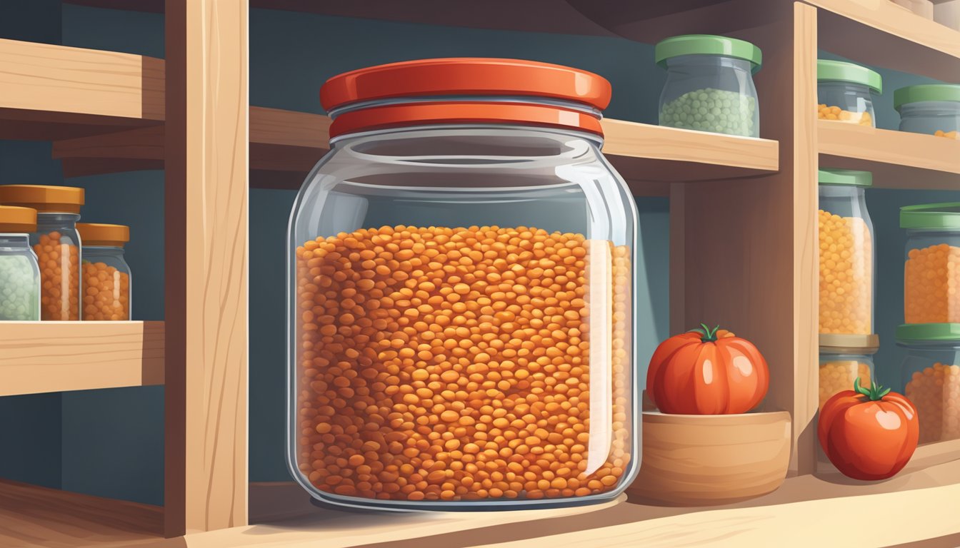 A clear glass jar filled with red lentils, sealed with a lid, placed on a shelf in a pantry