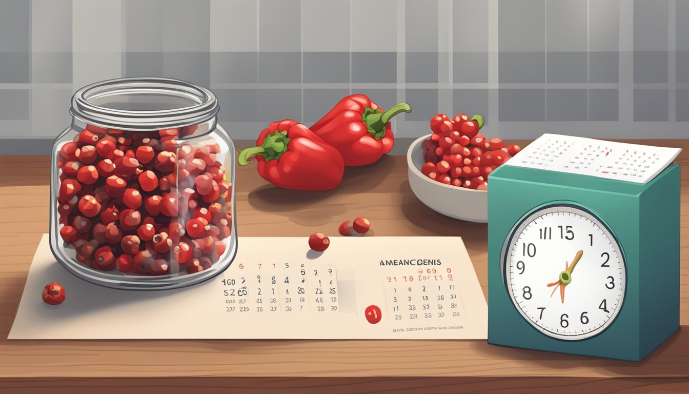 A small jar of red peppercorns on a kitchen counter, next to a calendar showing the current date and the date the peppercorns were purchased