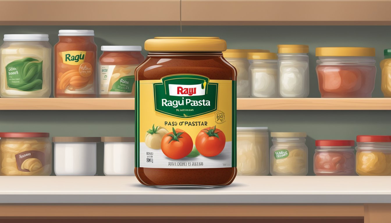 A jar of Ragu Pasta Sauce sits on a kitchen shelf, unopened, with a clear expiration date visible on the label