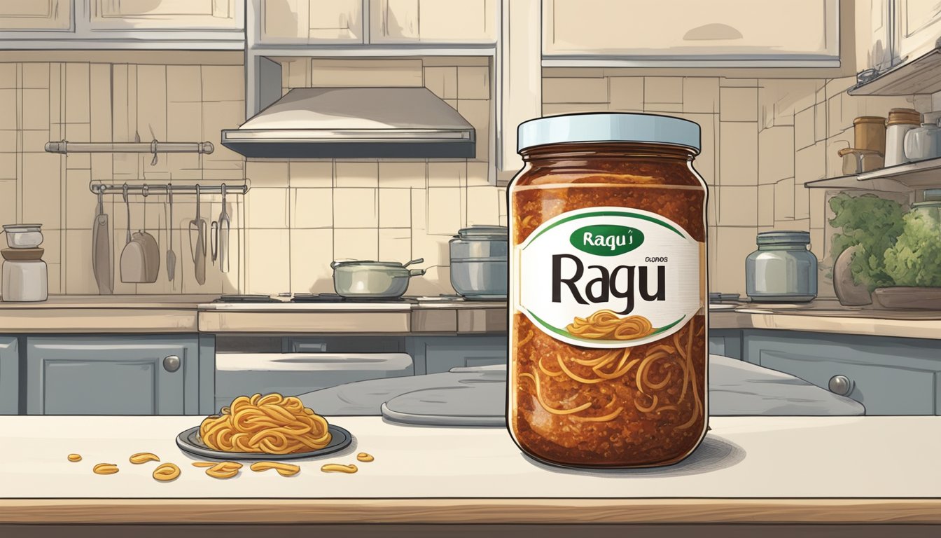 A jar of Ragu Pasta Sauce sits on a kitchen counter, its expiration date long past. Mold spores begin to form on the surface of the sauce, indicating spoilage