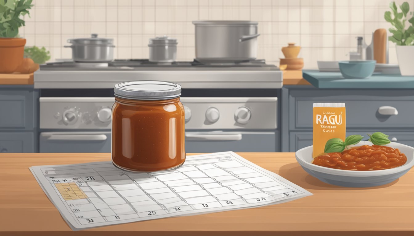 A jar of homemade Ragu sauce sits next to a jar of store-bought sauce on a kitchen counter, with a calendar showing the current date in the background