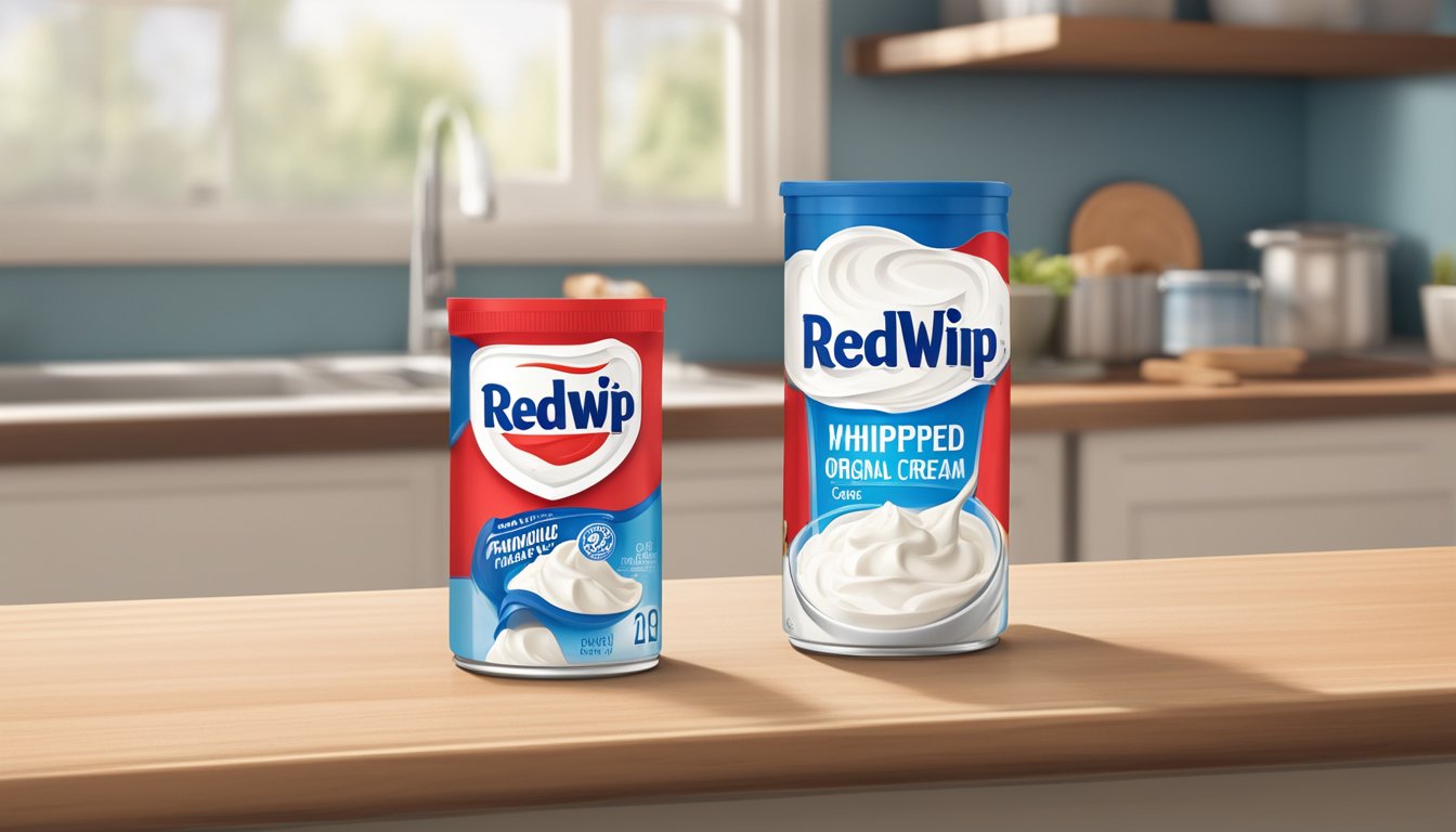 A can of Reddi-Wip Original Whipped Light Cream sits on a kitchen counter, with a calendar in the background showing the current date and the expiration date of the product