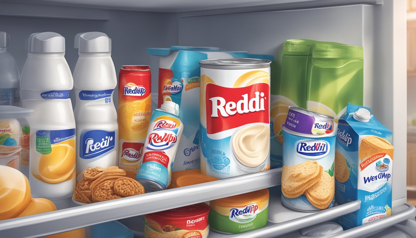 A can of Reddi-wip Original Whipped Light Cream sits unopened on a clean, organized refrigerator shelf, surrounded by other food items