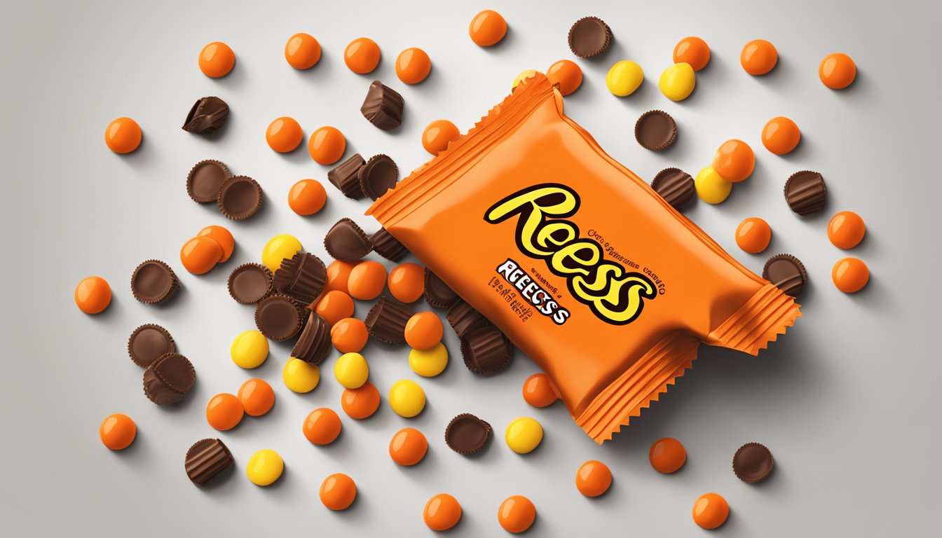 A pile of Reese's Pieces spilling out of a bright orange wrapper onto a clean, white surface