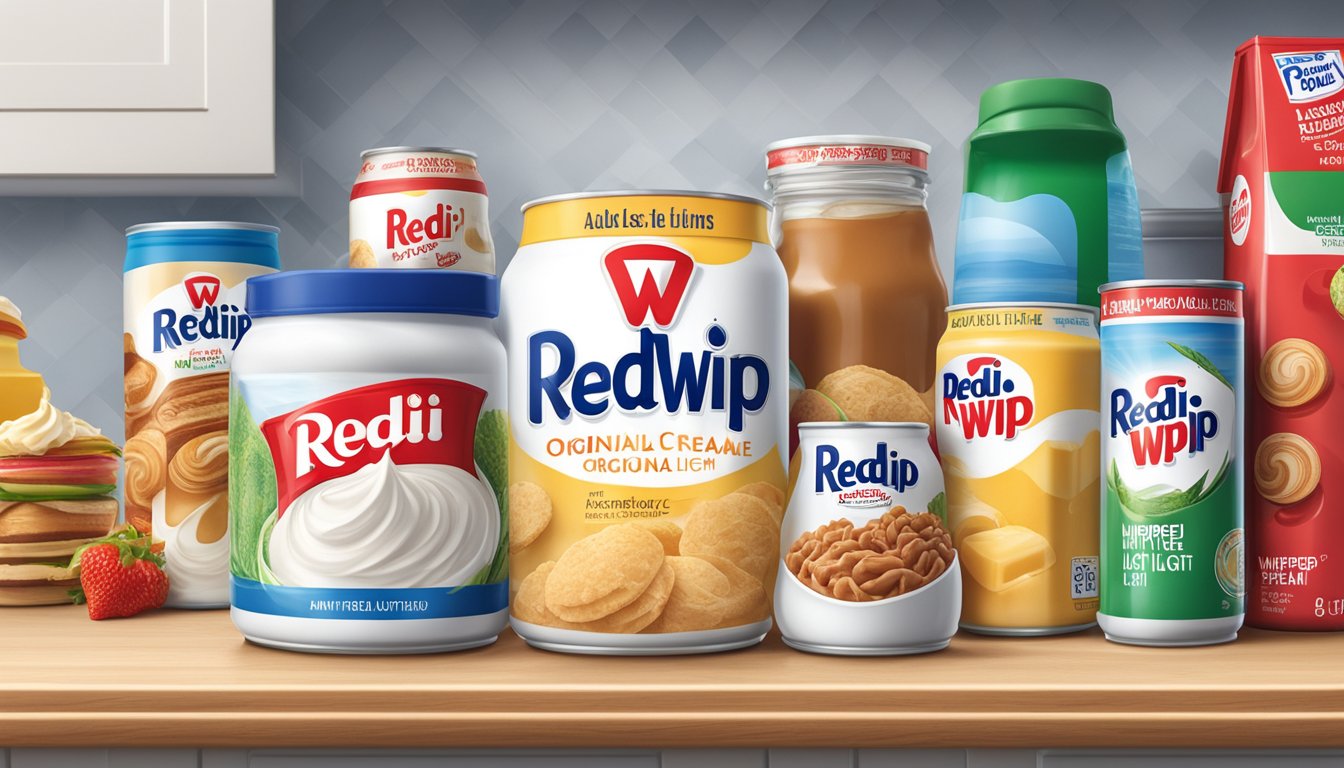 A can of Reddi-wip Original Whipped Light Cream sits on a kitchen shelf, surrounded by other food items