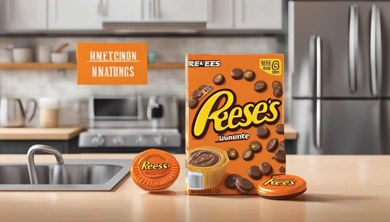 A pack of Reese's Pieces sits on a kitchen counter next to a calendar, with a date circled in red. The candy is sealed and in good condition