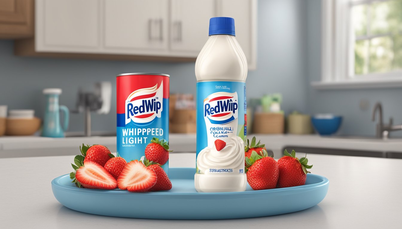 A can of Reddi-wip Original Whipped Light Cream sits on a kitchen counter, its expiration date clearly marked. Nearby, a carton of spoiled strawberries emits a foul odor