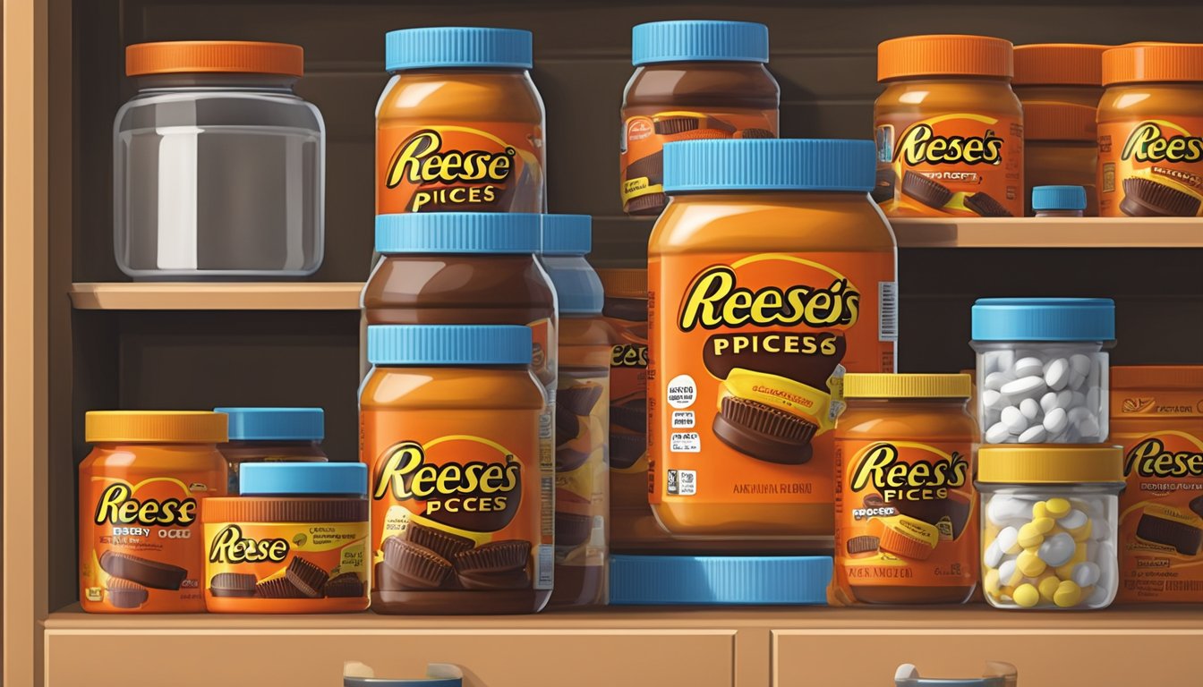 A jar of Reese's Pieces sits on a shelf, sealed and untouched, surrounded by other neatly organized containers in a pantry