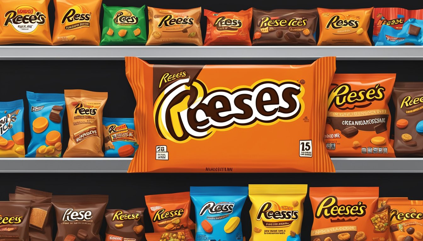 A package of Reese's Pieces sits unopened on a shelf, surrounded by other snacks and pantry items. The expiration date is visible on the packaging