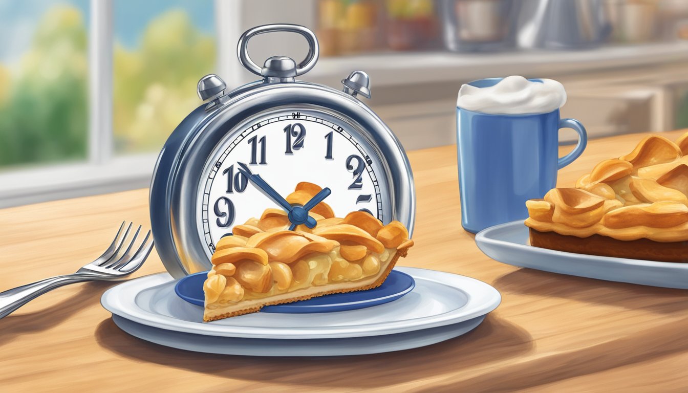 A dollop of Reddi-wip sits atop a slice of pie, with a clock in the background showing the passage of time