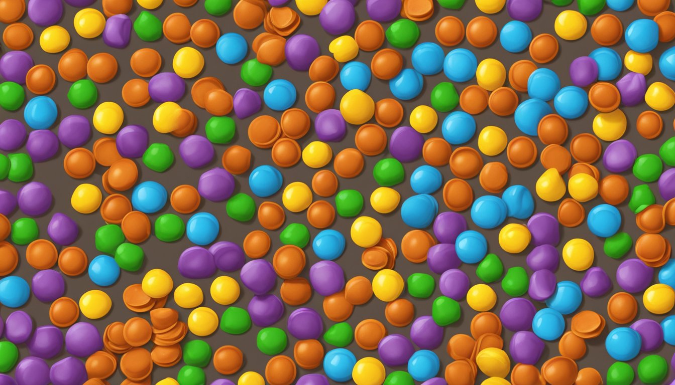 A colorful array of Reese's Pieces spilling out of a half-opened package, with a few pieces scattered on a tabletop