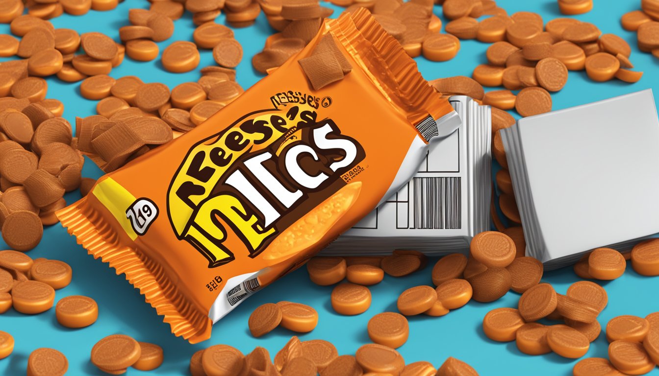 A stack of Reese's Pieces spilling out of an open, expired package, with a calendar showing the current date in the background