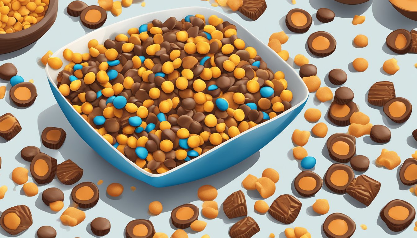 A bowl of Reese's Puffs cereal sits on a kitchen counter, surrounded by scattered cereal pieces and a spilled milk carton