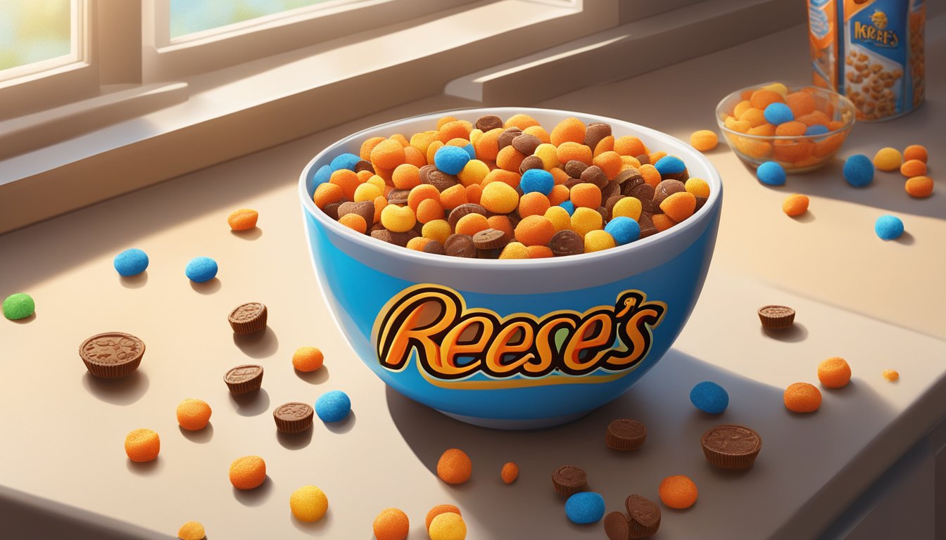 A bowl of Reese's Puffs sits on a kitchen counter, surrounded by scattered cereal pieces and an open milk carton. Rays of sunlight filter through the window, highlighting the vibrant colors of the cereal