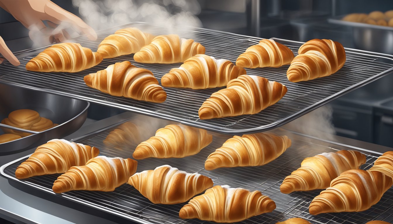 A baker places a tray of golden, flaky croissants on a wire rack to cool, with wisps of steam rising from the freshly baked pastries