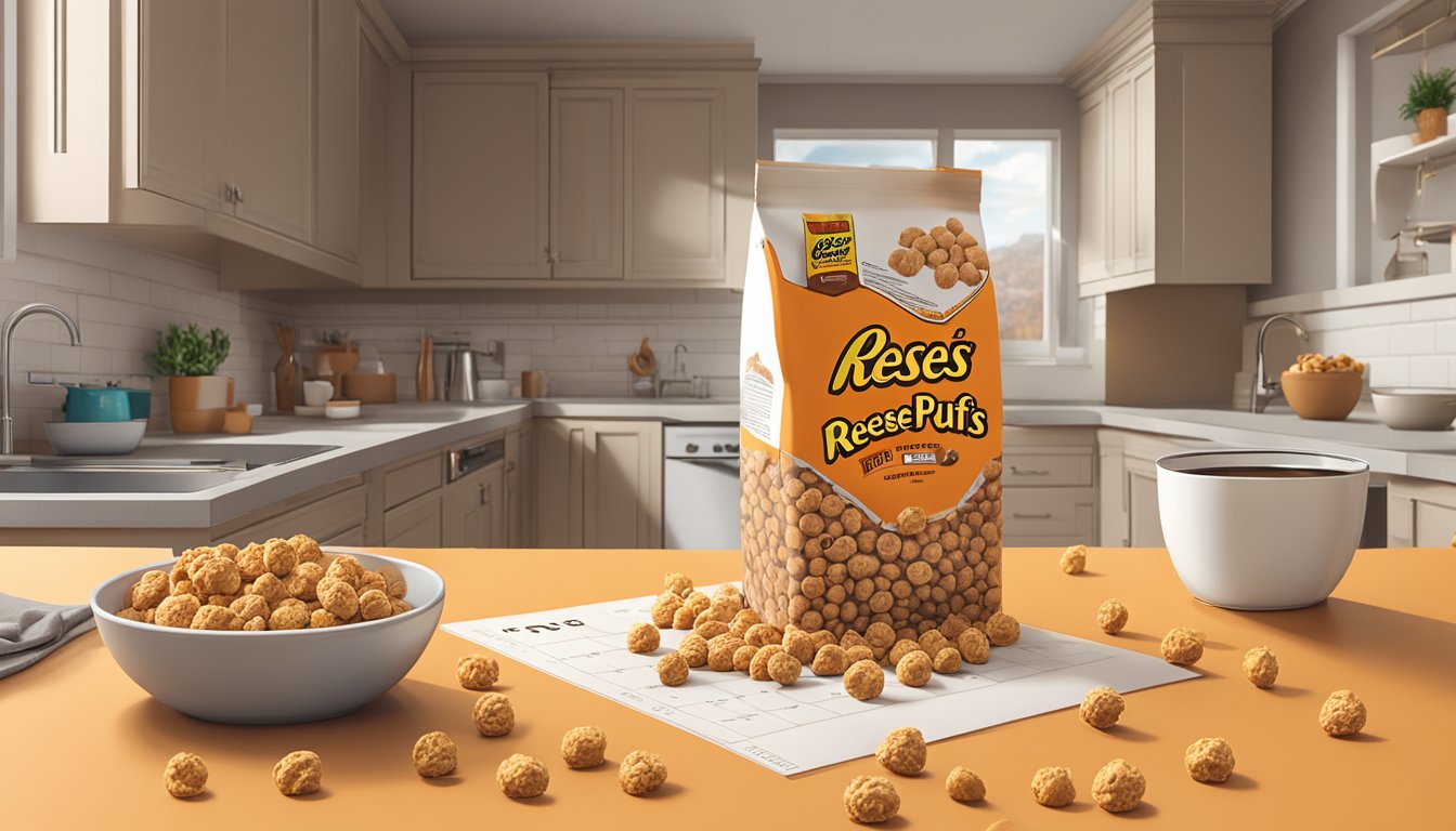 A bowl of Reese's Puffs sits on a kitchen counter, surrounded by scattered cereal pieces and a spilled milk carton. A calendar on the wall shows the current date