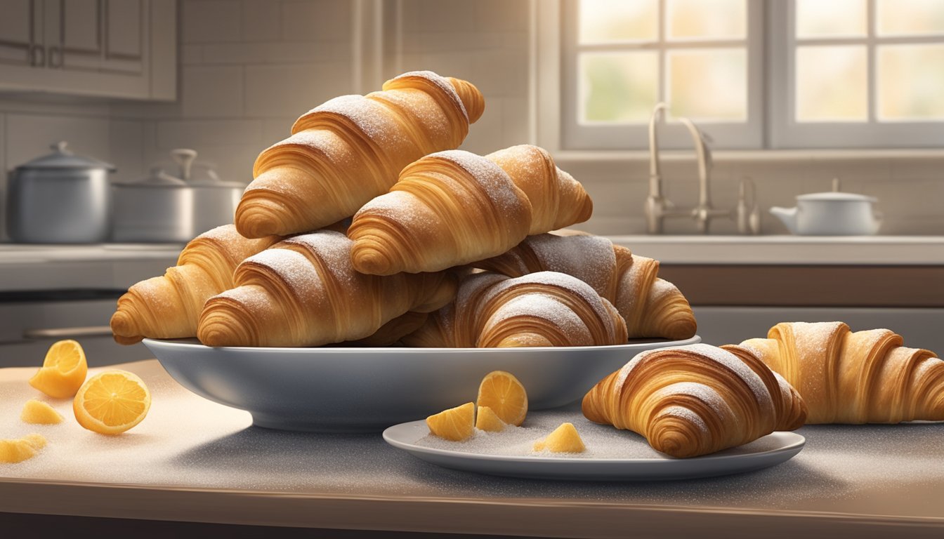 A plate of croissants sits on a kitchen counter, covered in a light layer of dust, with mold beginning to form on the edges