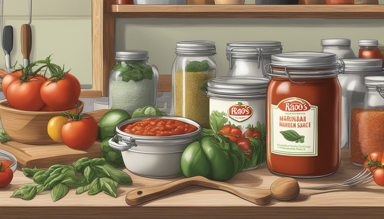 A jar of Rao's Homemade Marinara Sauce sits on a kitchen shelf, surrounded by various ingredients and cookware, indicating its potential use in a meal