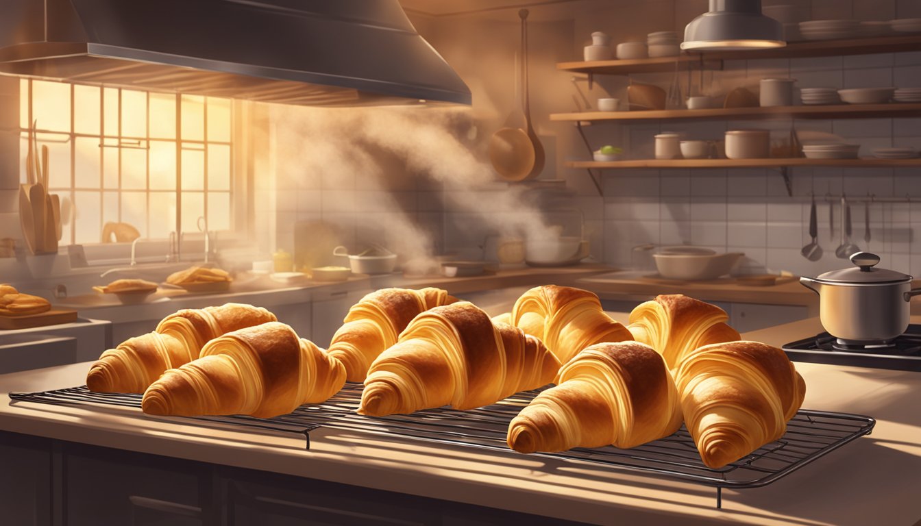 Freshly baked croissants sit on a wire rack, steam rising, golden and flaky, surrounded by the warm glow of a kitchen