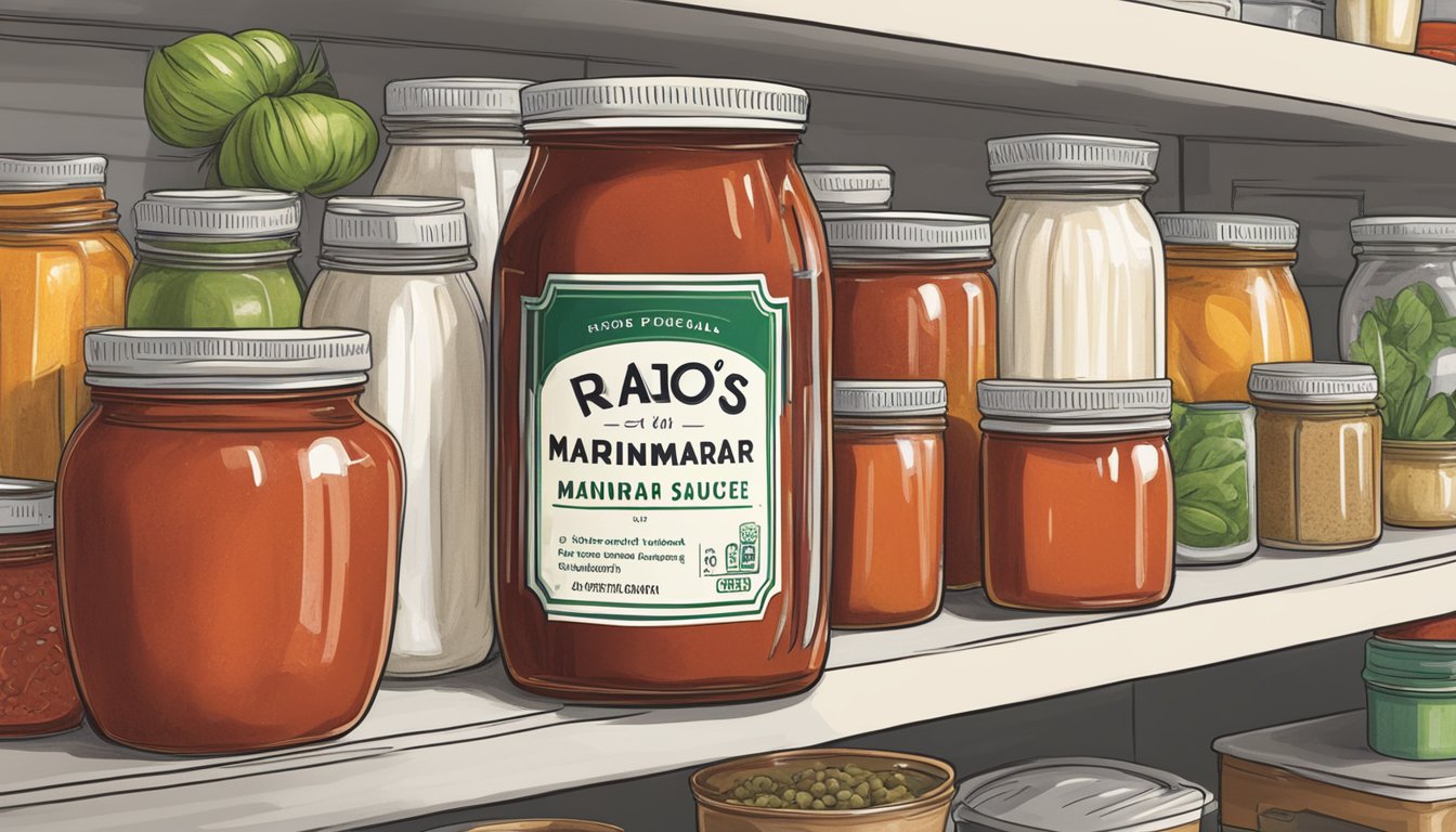 A jar of Rao's Homemade Marinara Sauce sits on a kitchen shelf next to other pantry items, with a label indicating the expiration date