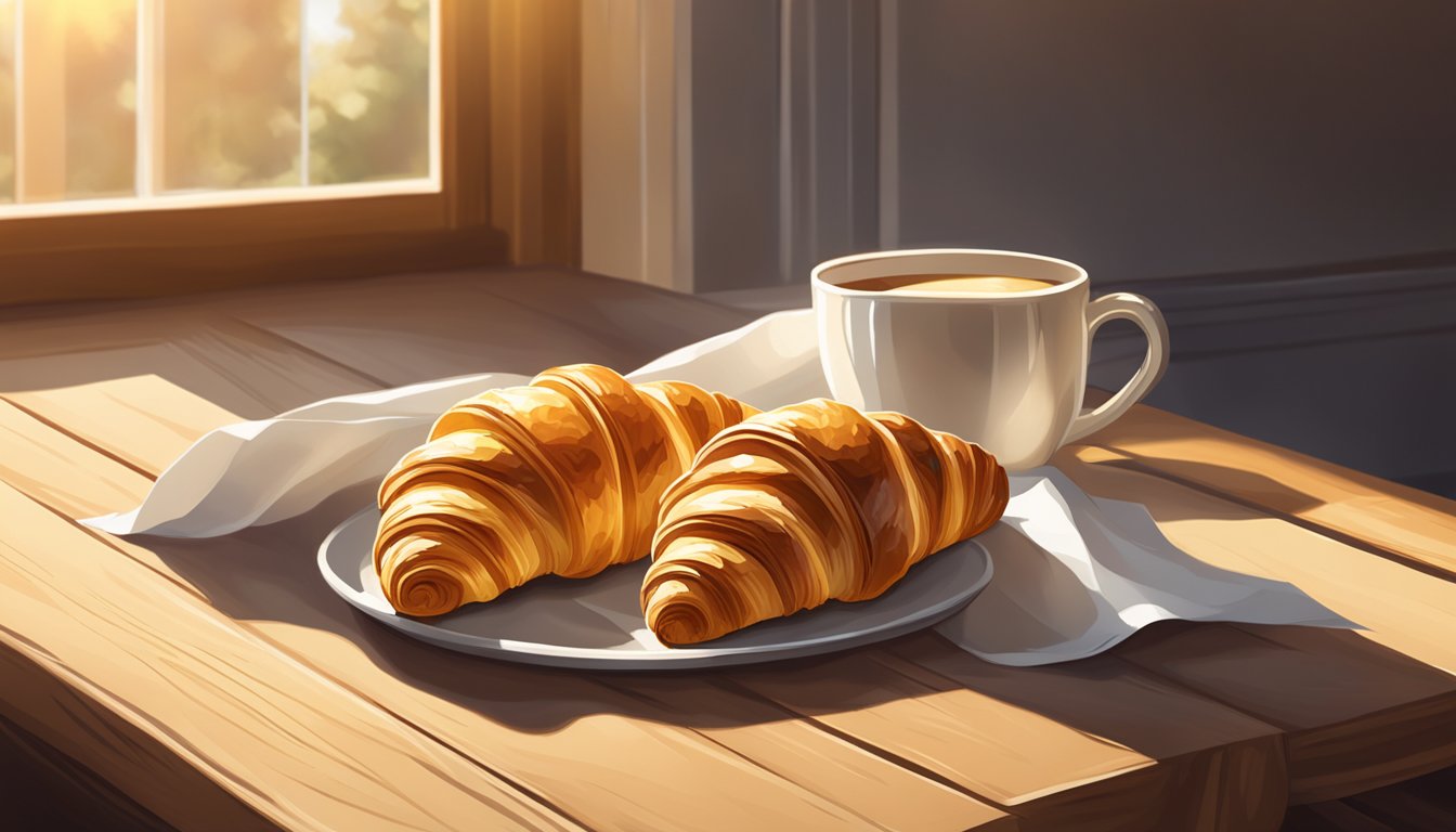 A golden, flaky croissant sits next to a neatly packaged croissant on a rustic wooden table. The sun streams in through a nearby window, casting a warm glow on the pastries