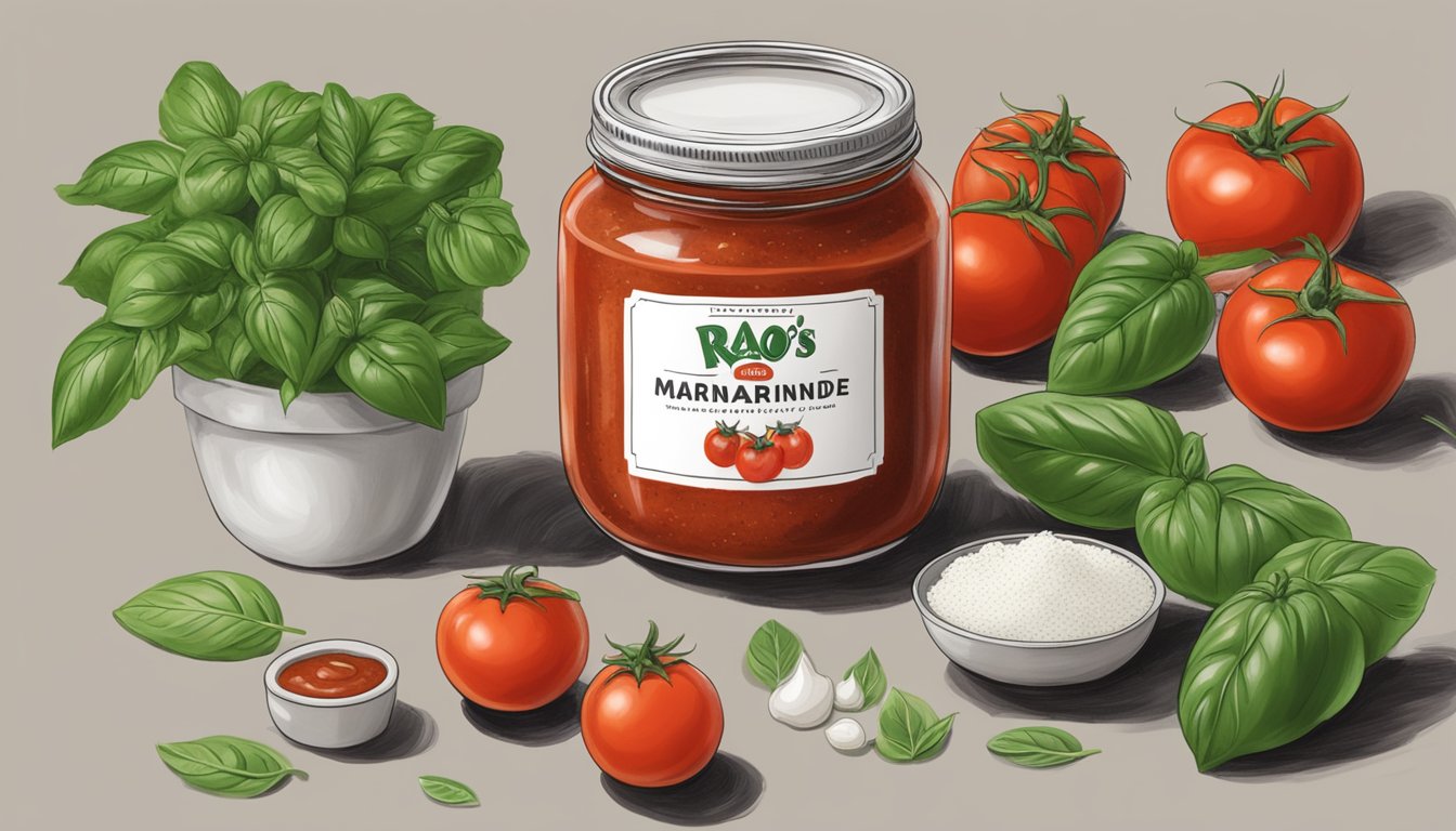 A jar of Rao's Homemade Marinara Sauce sits on a kitchen counter, surrounded by fresh basil, tomatoes, and a pot of boiling water