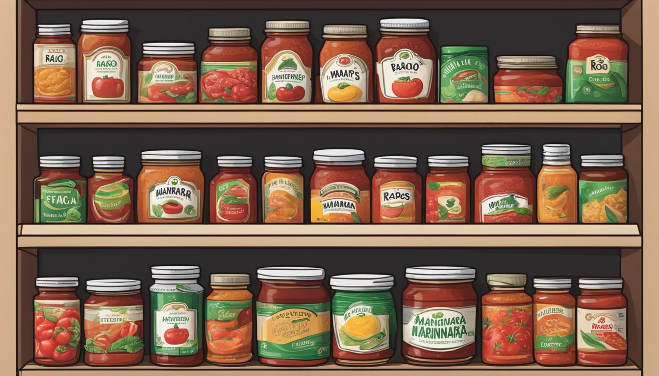 A jar of Rao's Homemade Marinara Sauce sits unopened on a pantry shelf, surrounded by other canned and jarred goods