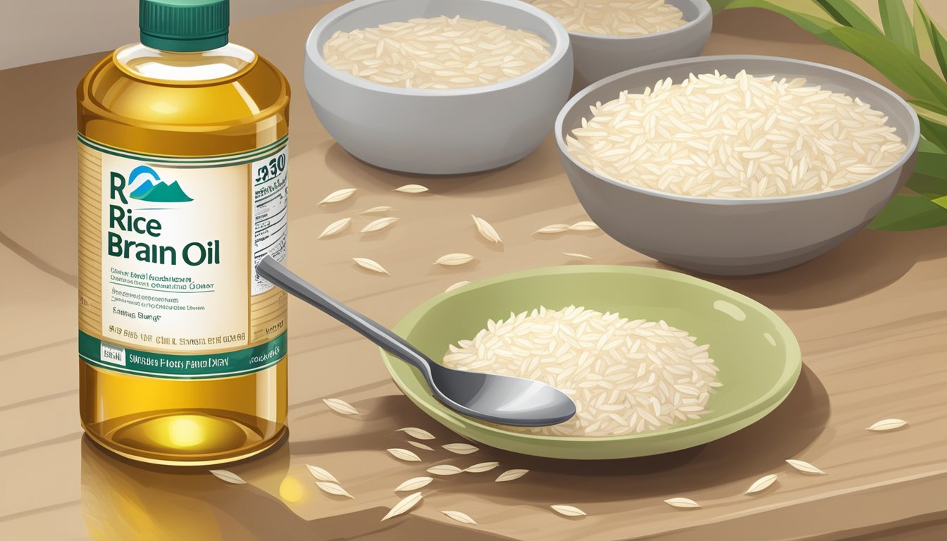 A bottle of rice bran oil sits on a kitchen counter, next to a measuring spoon and a bowl of rice. The oil is clear and golden, with a label indicating its expiration date