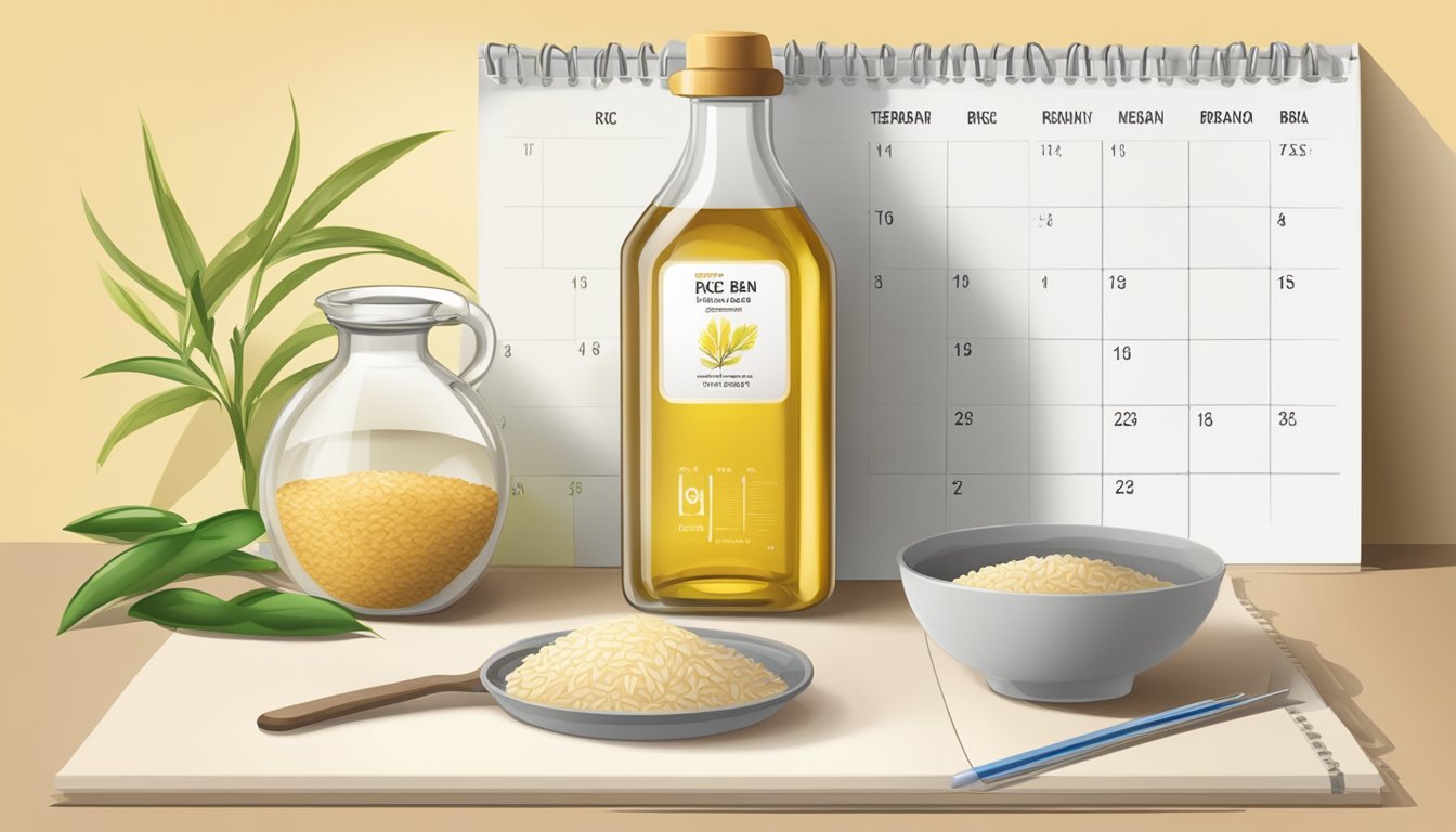 A bottle of rice bran oil sits on a kitchen counter next to a calendar, a temperature gauge, and an open bag of rice