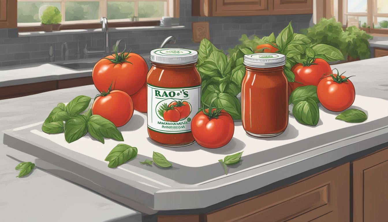 A jar of Rao's Homemade Marinara Sauce sits on a kitchen countertop, surrounded by fresh tomatoes, basil, and garlic. The label on the jar indicates the sauce's expiration date