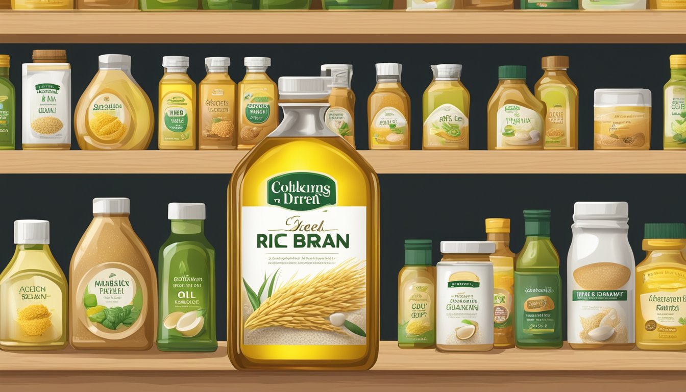 A sealed bottle of rice bran oil on a pantry shelf, surrounded by other cooking oils and ingredients