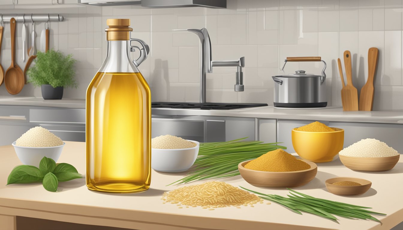 A bottle of rice bran oil sits on a kitchen counter next to a variety of cooking ingredients and utensils. The oil is clear and golden in color, with a label indicating its extended lifespan