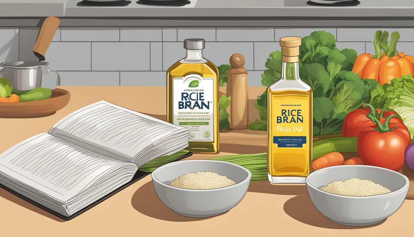 A bottle of rice bran oil sits on a kitchen counter, next to a stack of cookbooks and a bowl of fresh vegetables