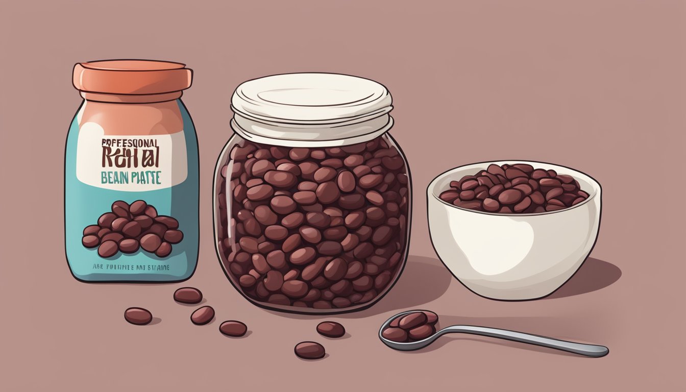 A jar of red bean paste sits on a kitchen counter next to a bag of red beans and a spoon