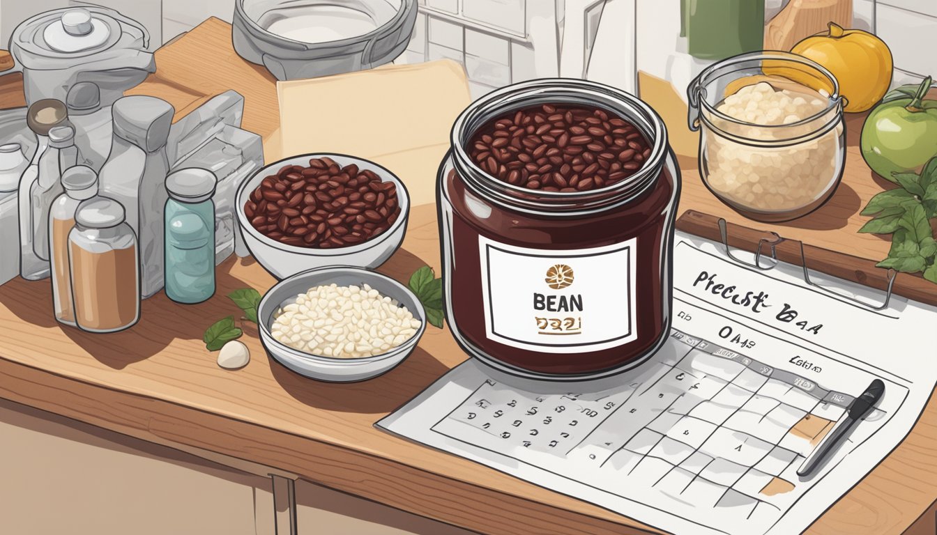 A jar of red bean paste sits on a kitchen counter, surrounded by ingredients and a calendar. The jar is labeled with an expiration date