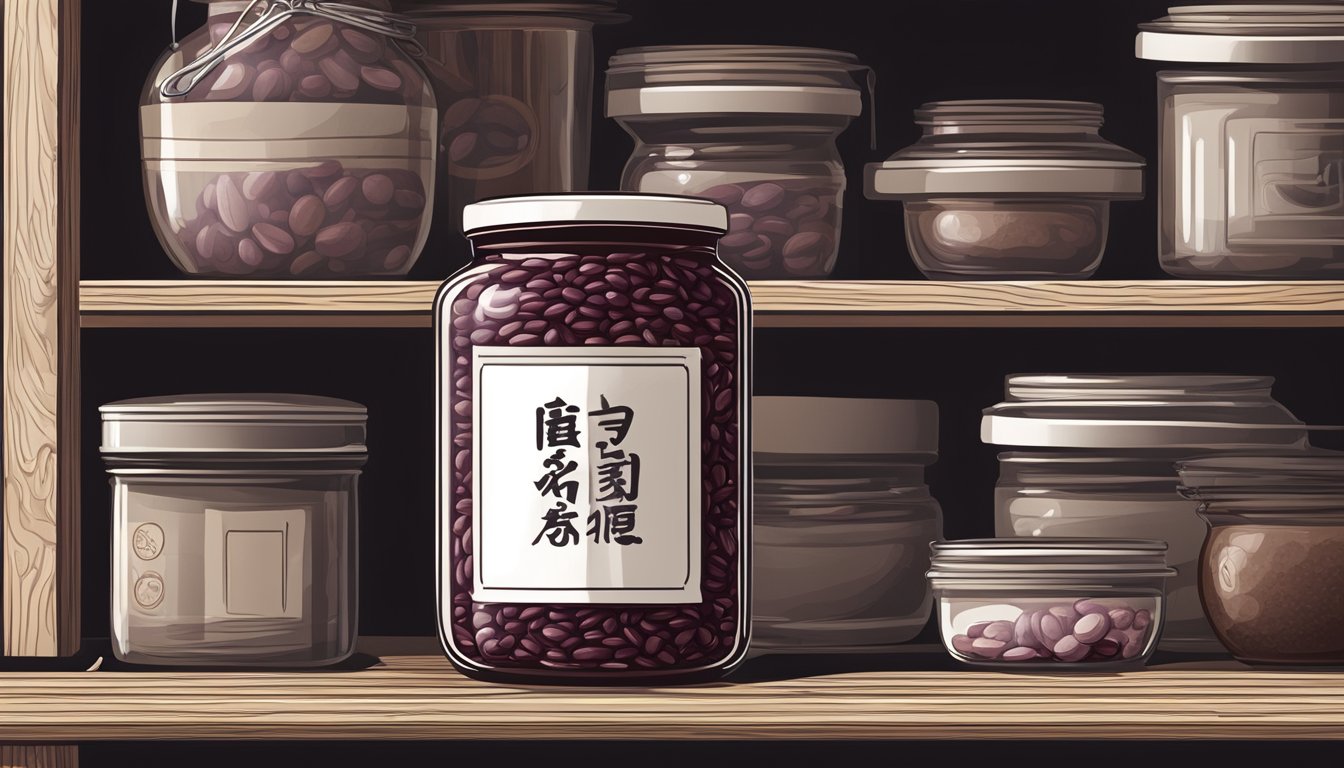 A jar of red bean paste sealed tightly with a lid, placed in a cool, dark pantry